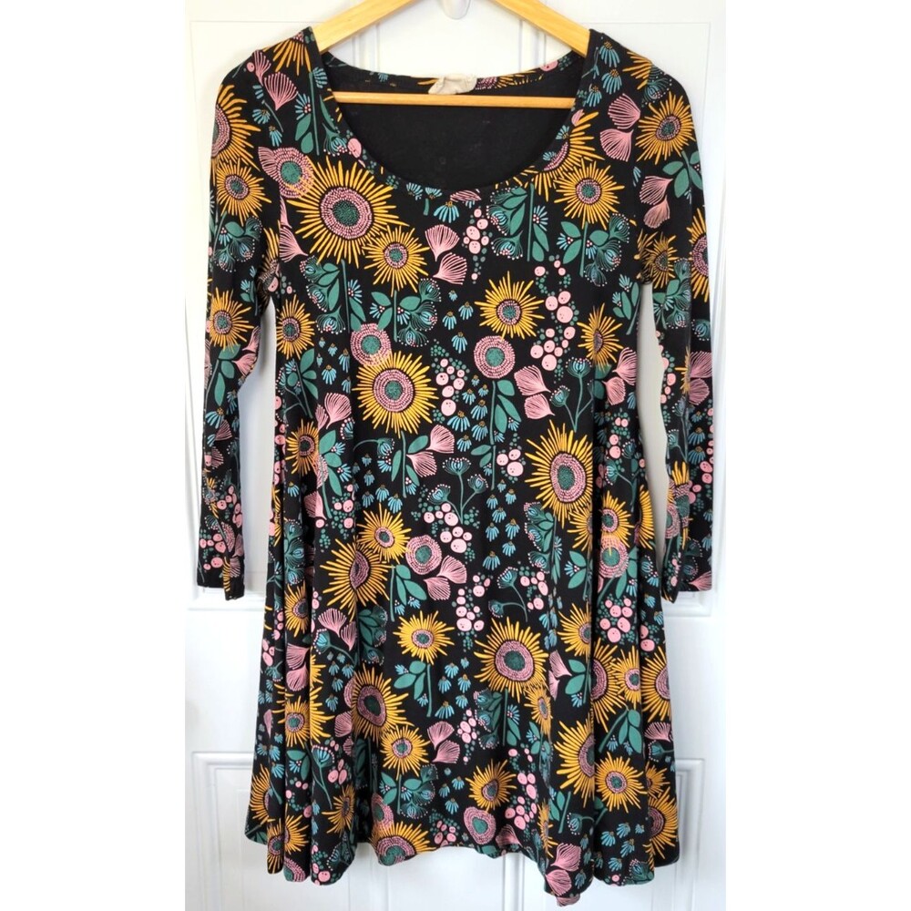 Mata Traders Knit Flounce Dress Size S Sunflower Botanical Print